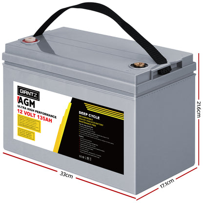Giantz 12V 135Ah AGM Deep Cycle Battery with Box – Solar & Camping Power for Caravan, RV