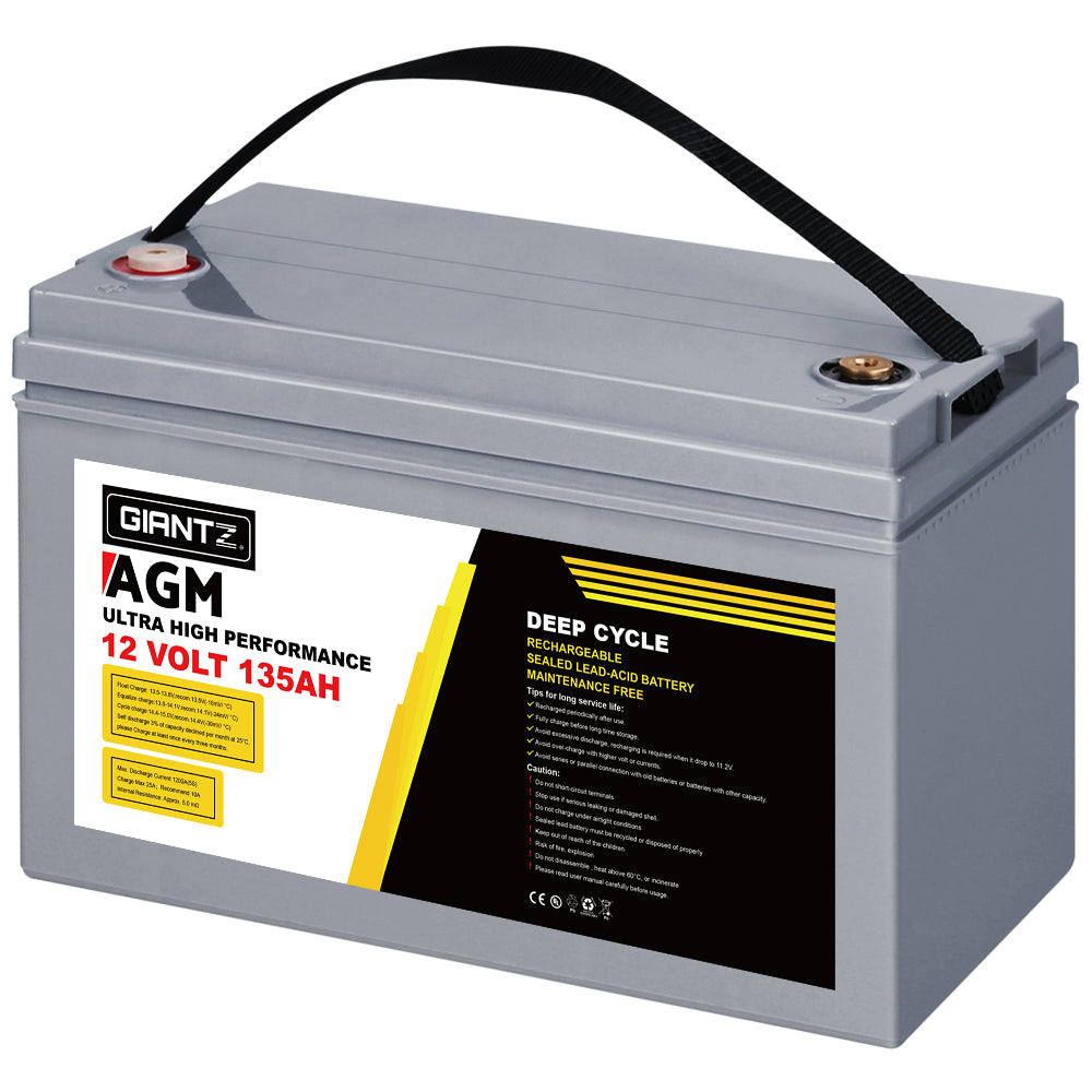 Giantz 12V 135Ah AGM Deep Cycle Battery with Box – Solar & Camping Power for Caravan, RV