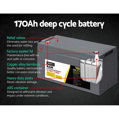 Giantz 12V 170Ah AGM Deep Cycle Battery with Power Box – Solar, Caravan & Camping Ready