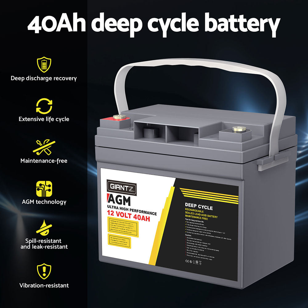 Giantz 12V 40Ah AGM Deep Cycle Battery with Box – Portable Power for Solar, Camping, Caravan