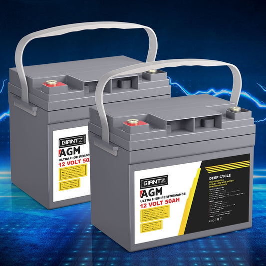 Giantz 2x 12V 50Ah AGM Deep Cycle Battery Set – Portable Solar Power for Caravan & Camping