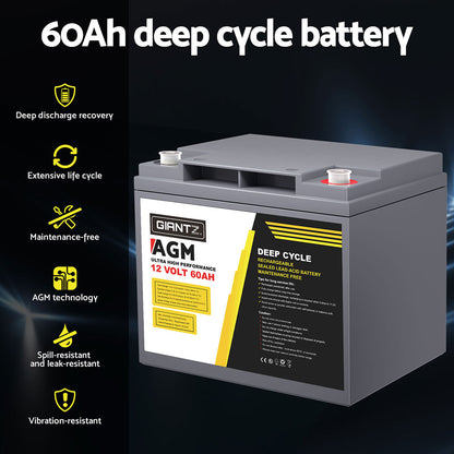 Giantz 12V 60Ah AGM Deep Cycle Battery – Portable Solar Power Box for Camping & Caravan