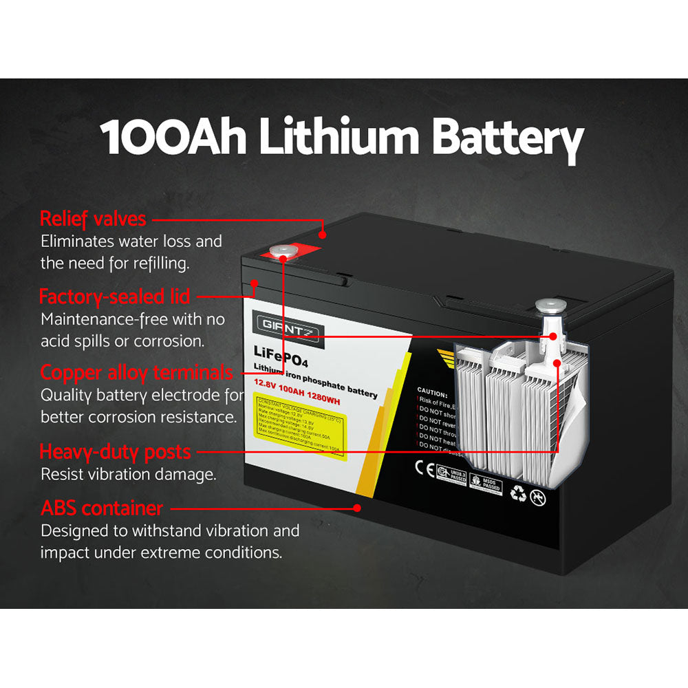 Giantz 12V 100Ah LiFePO4 Lithium Battery with Box – Deep Cycle Power for Solar & Camping