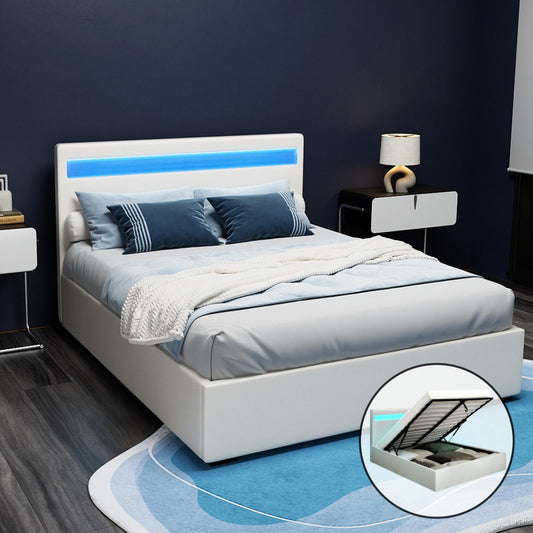 Cole Artiss Double Size Gas Lift Bed Frame with LED – White Upholstered Base