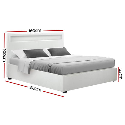 Cole Artiss Queen Size Gas Lift Bed Frame with LED – White Upholstered Base