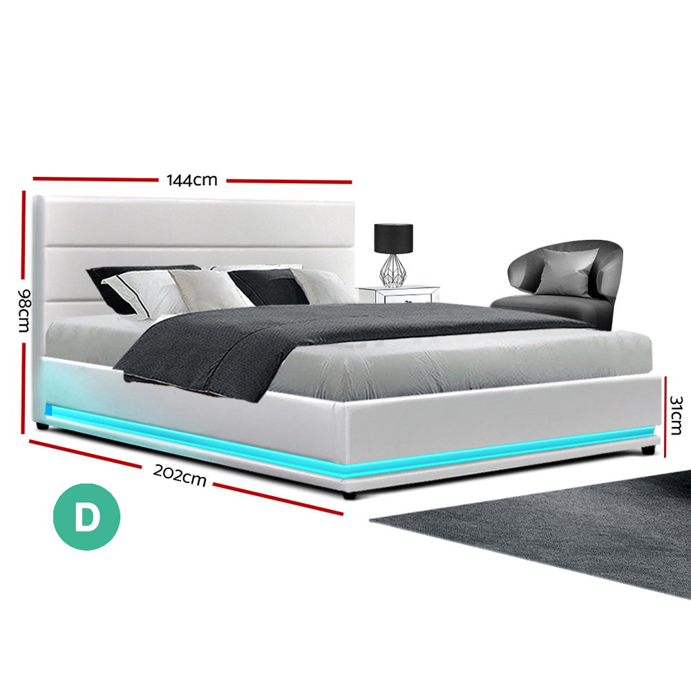 Lumi Artiss Double Size Gas Lift Bed Frame with LED – White Upholstered Base