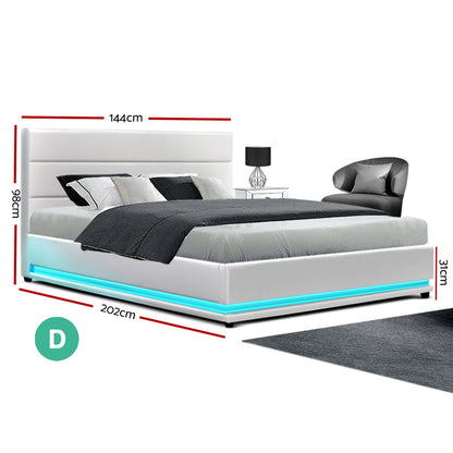Lumi Artiss Double Size Gas Lift Bed Frame with LED – White Upholstered Base
