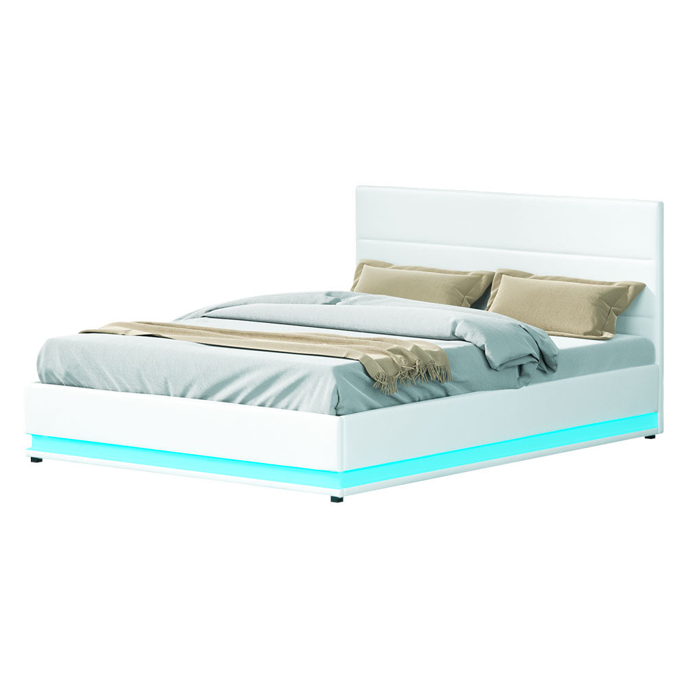 Lumi Artiss Queen Size Gas Lift Bed Frame with LED – White Upholstered Base