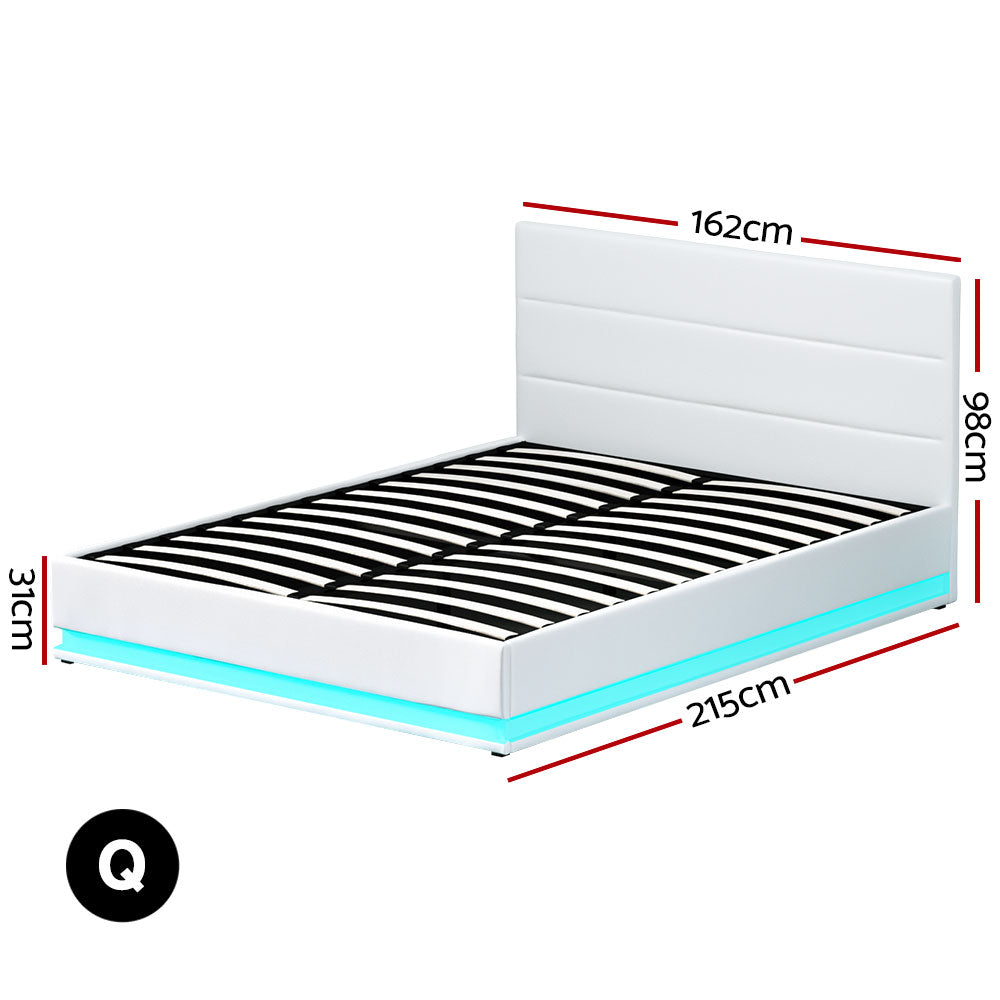 Lumi Artiss Queen Size Gas Lift Bed Frame with LED – White Upholstered Base