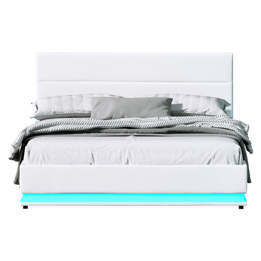 Lumi Artiss Queen Size Gas Lift Bed Frame with LED – White Upholstered Base