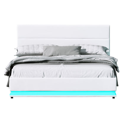 Lumi Artiss Queen Size Gas Lift Bed Frame with LED – White Upholstered Base