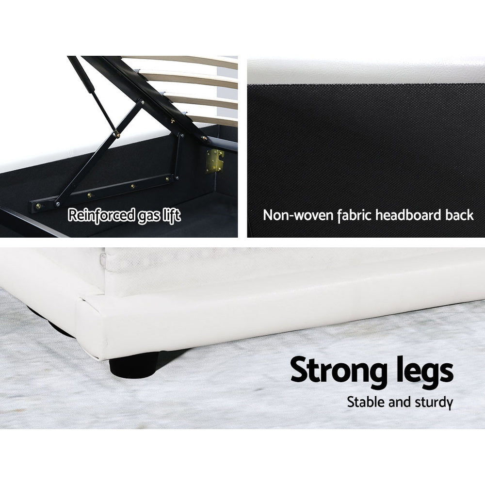 Lumi Artiss Queen Size Gas Lift Bed Frame with LED – White Upholstered Base