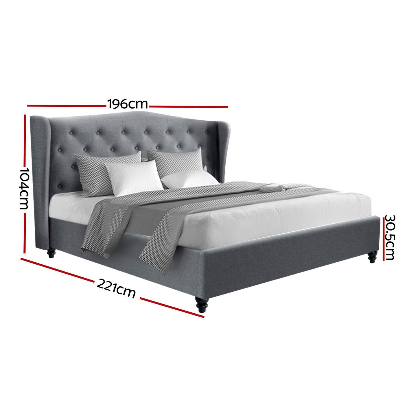 Pier Artiss King Size Bed Frame – Grey Fabric Upholstered Platform