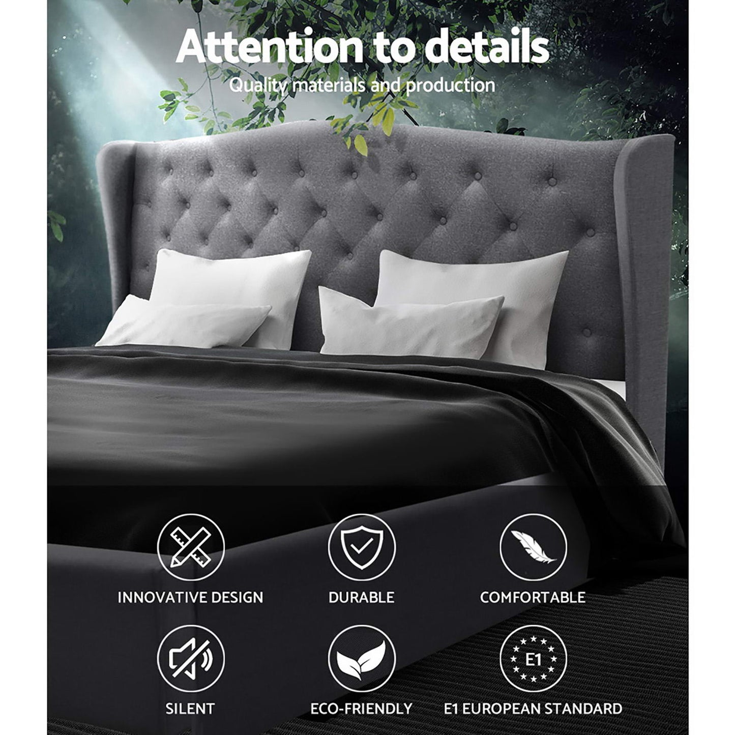 Pier Artiss King Size Bed Frame – Grey Fabric Upholstered Platform