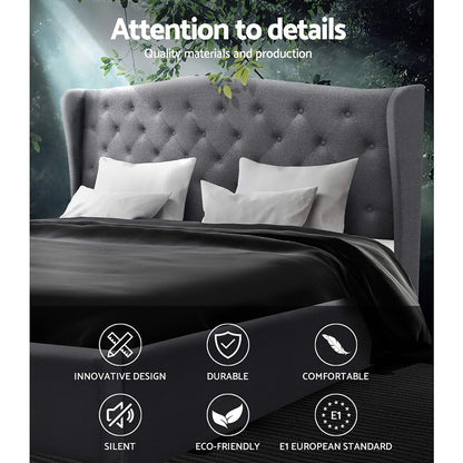 Pier Artiss King Size Bed Frame – Grey Fabric Upholstered Platform