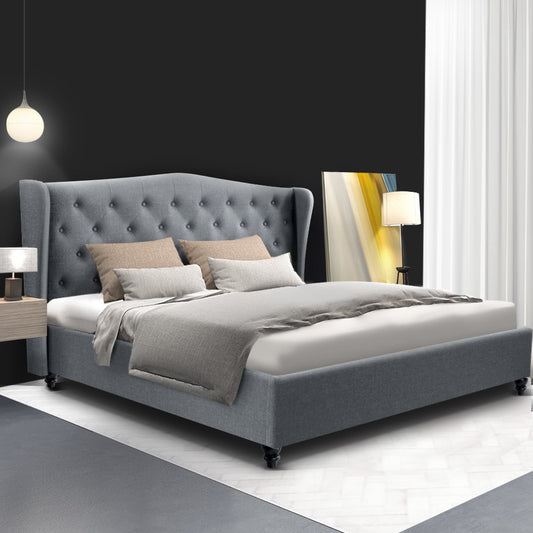 Pier Artiss King Size Bed Frame – Grey Fabric Upholstered Platform