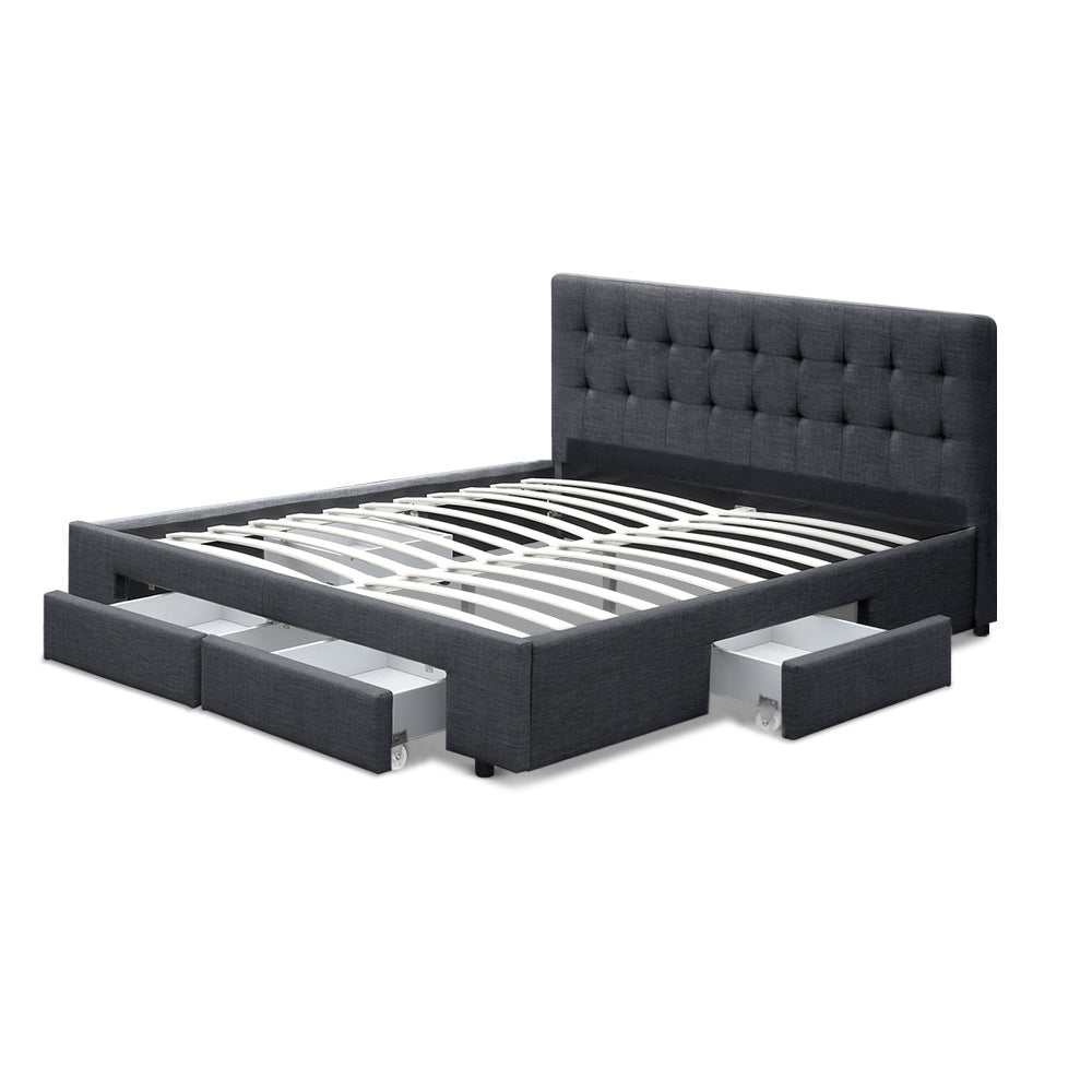 Avio Artiss Double Size Bed Frame with 4 Storage Drawers – Grey Upholstered