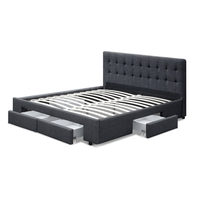 Avio Artiss Double Size Bed Frame with 4 Storage Drawers – Grey Upholstered