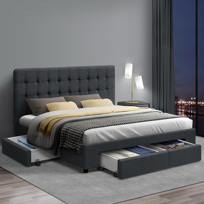 Avio Artiss Double Size Bed Frame with 4 Storage Drawers – Grey Upholstered