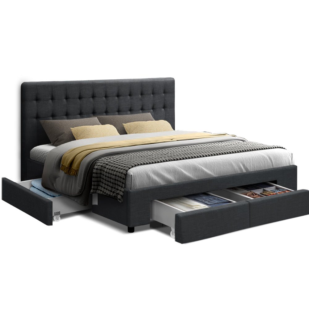 Avio Artiss King Size Bed Frame with 4 Storage Drawers – Charcoal Fabric
