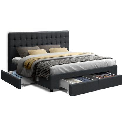 Avio Artiss King Size Bed Frame with 4 Storage Drawers – Charcoal Fabric