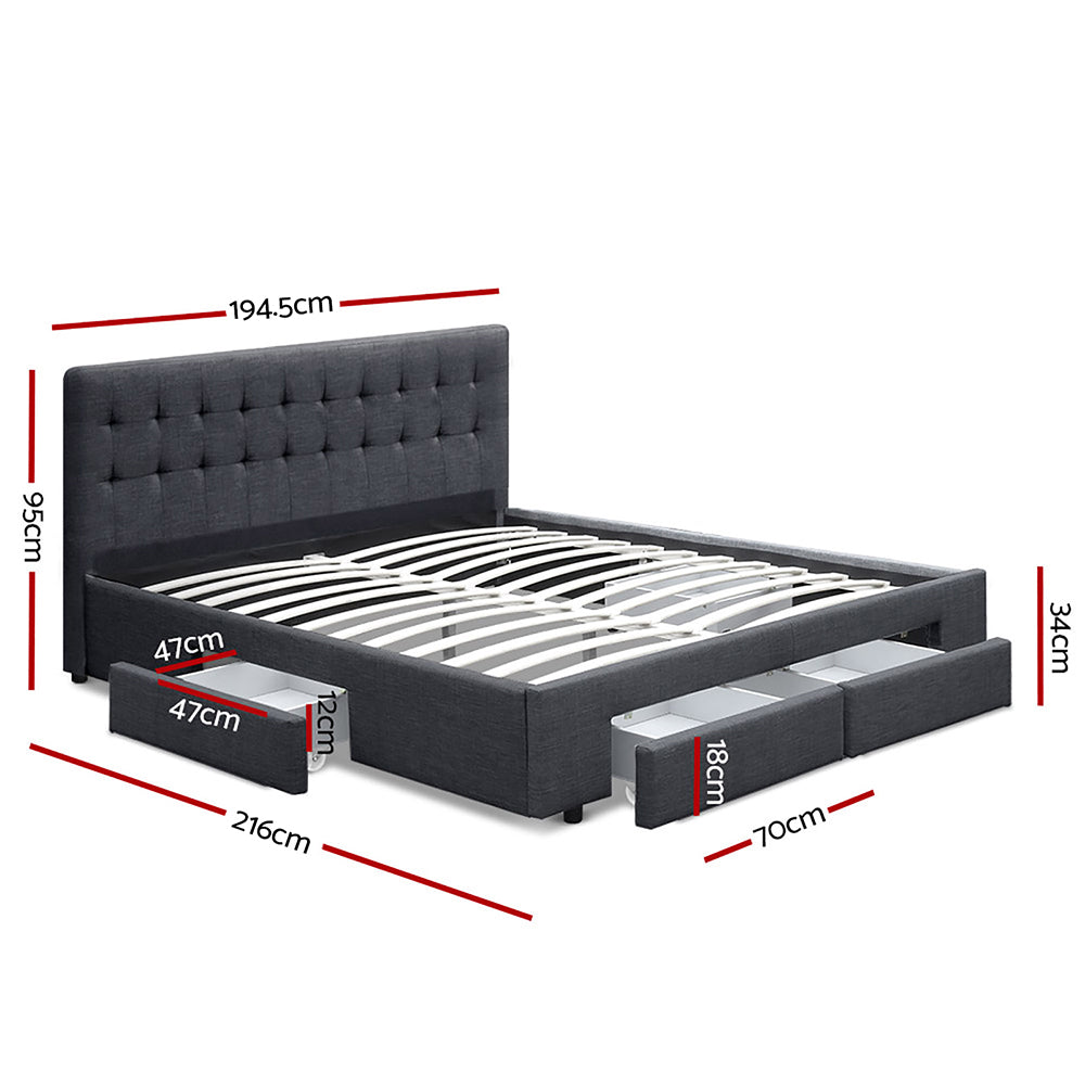 Avio Artiss King Size Bed Frame with 4 Storage Drawers – Charcoal Fabric