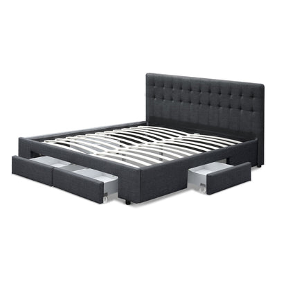 Avio Artiss King Size Bed Frame with 4 Storage Drawers – Charcoal Fabric