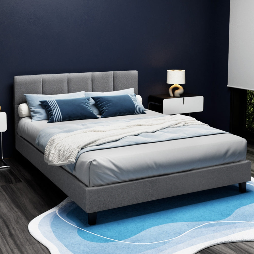 Tino Artiss Queen Size Bed Frame – Grey Fabric Upholstered Platform