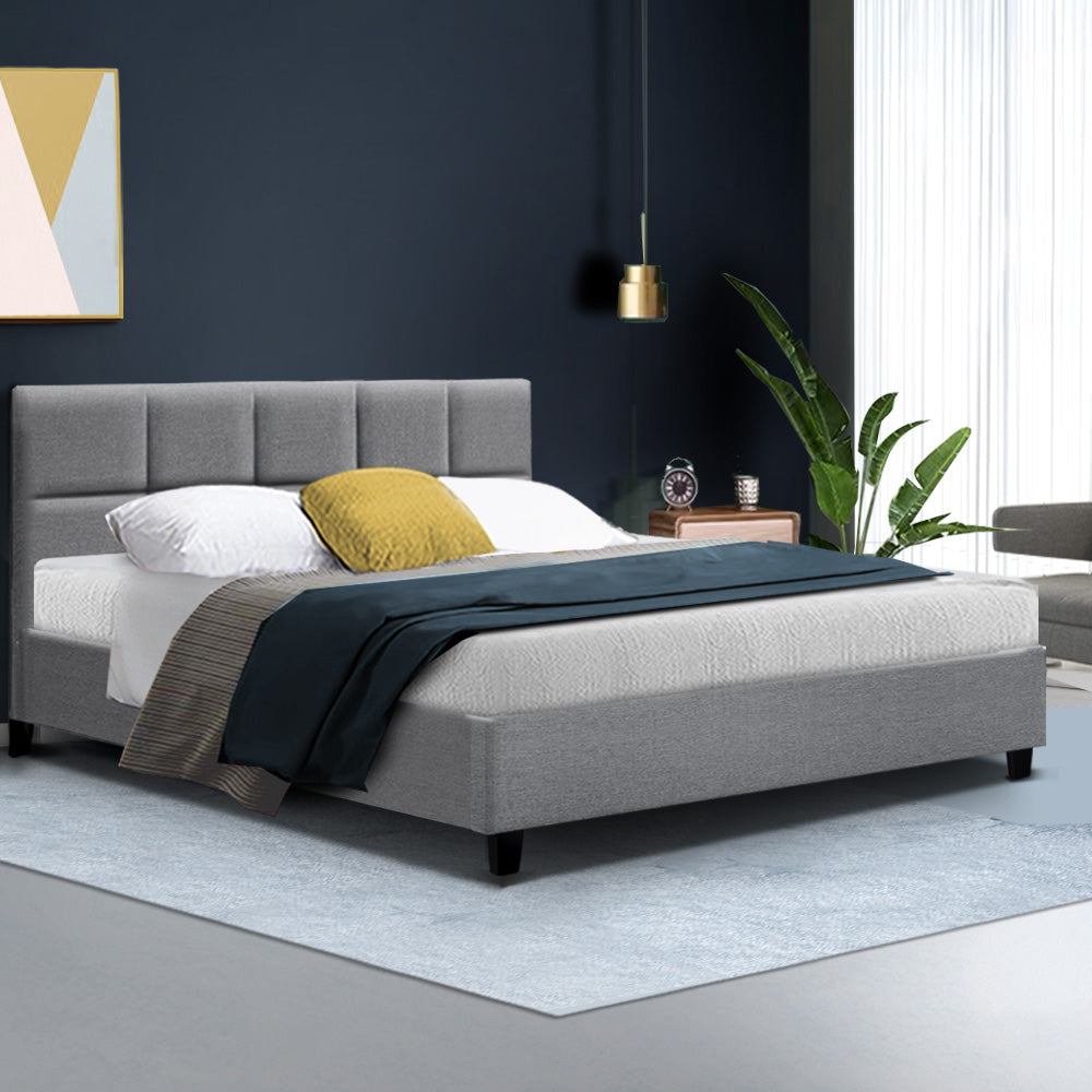 Tino Artiss Queen Size Bed Frame – Grey Fabric Upholstered Platform