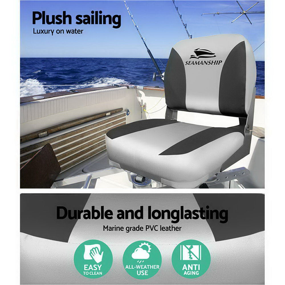 Seamanship 2x Folding Boat Seats – Swivel Marine Chairs Low Back 13cm Padded (Charcoal)