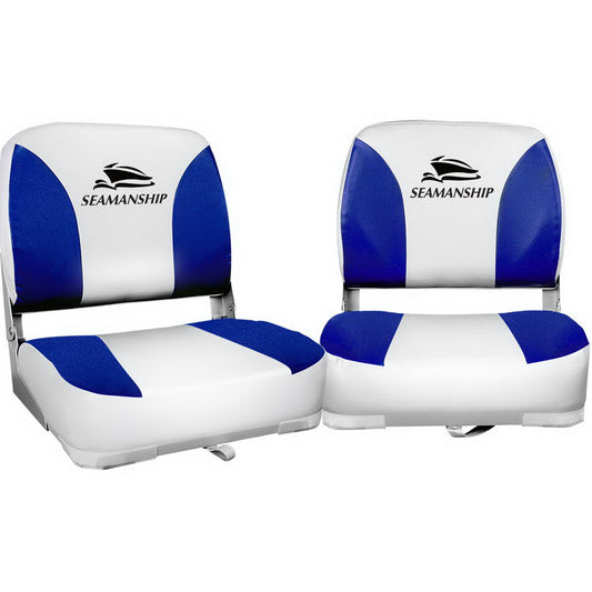 Seamanship 2x Folding Boat Seats – Marine Swivel Chairs Low Back 13cm Padded (White/Blue)