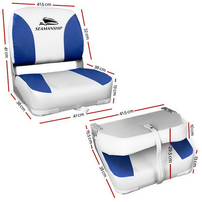 Seamanship 2x Folding Boat Seats – Marine Swivel Chairs Low Back 13cm Padded (White/Blue)