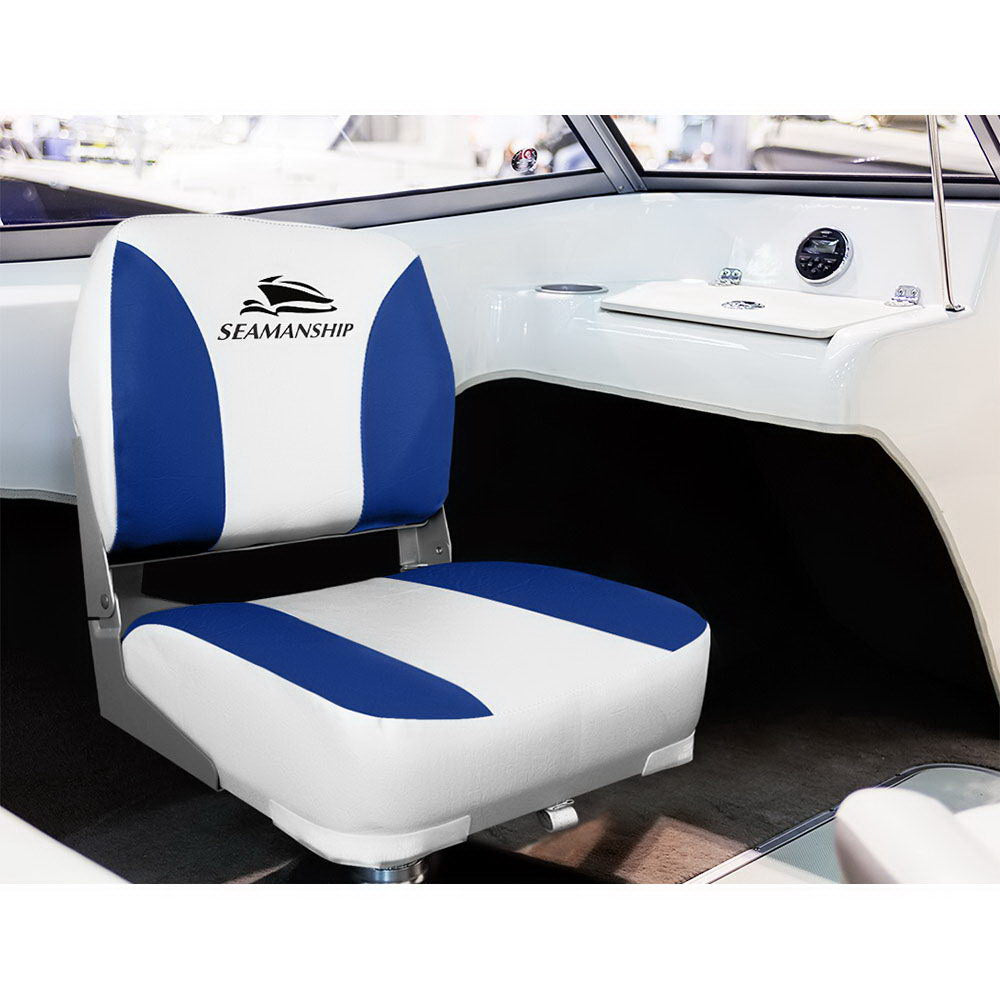 Seamanship 2x Folding Boat Seats – Marine Swivel Chairs Low Back 13cm Padded (White/Blue)