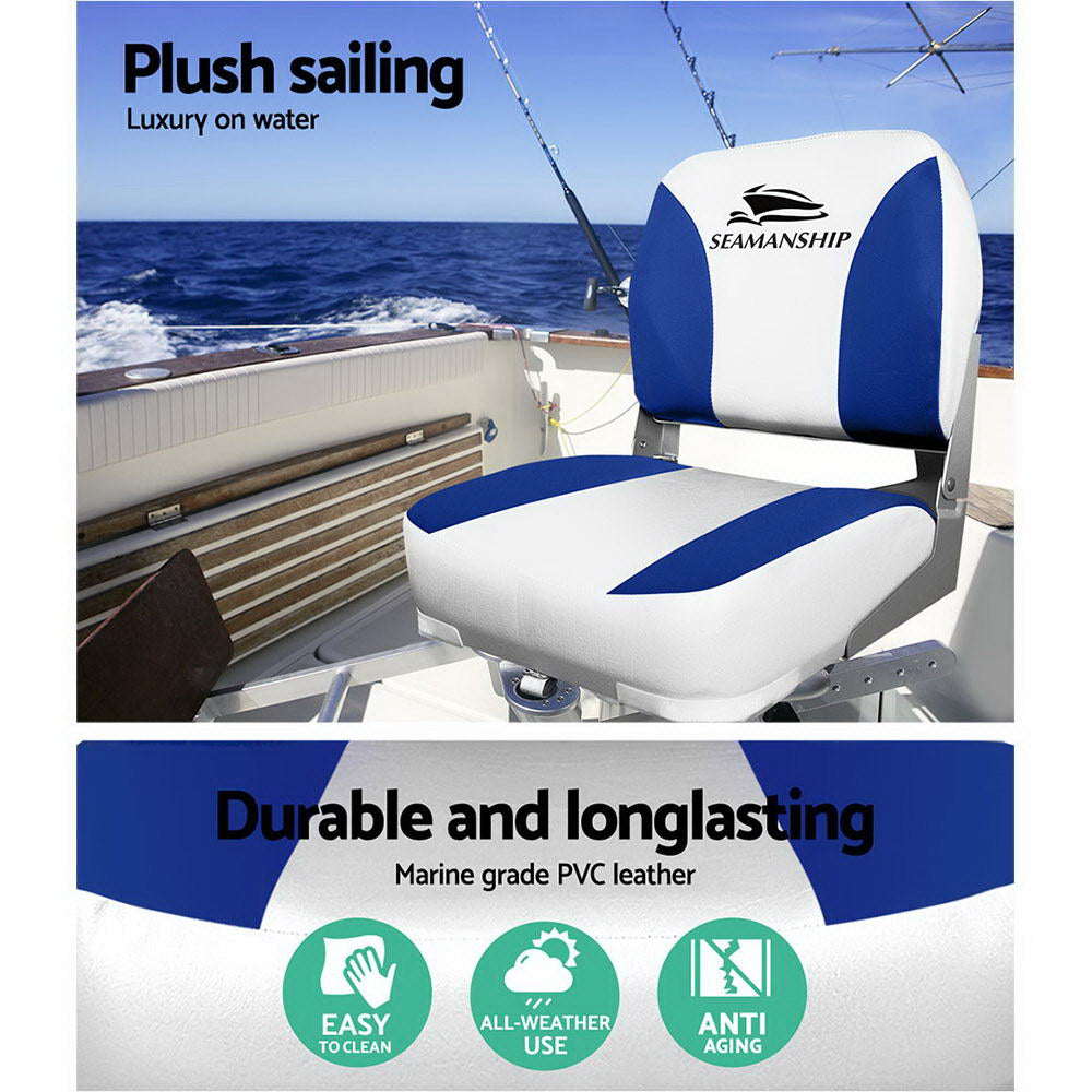 Seamanship 2x Folding Boat Seats – Marine Swivel Chairs Low Back 13cm Padded (White/Blue)