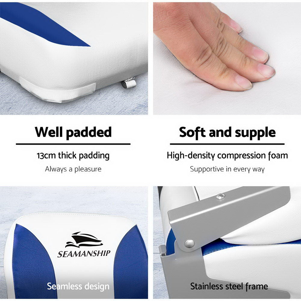 Seamanship 2x Folding Boat Seats – Marine Swivel Chairs Low Back 13cm Padded (White/Blue)