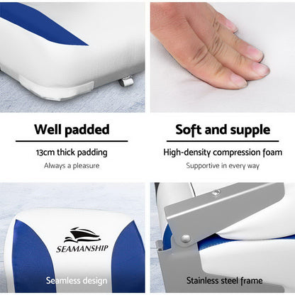Seamanship 2x Folding Boat Seats – Marine Swivel Chairs Low Back 13cm Padded (White/Blue)