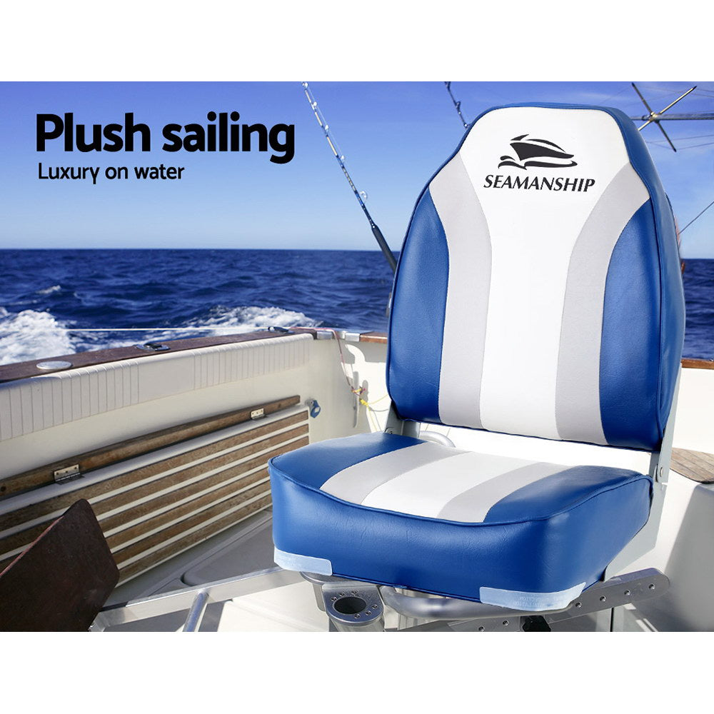 Seamanship 2X Folding Boat Seats – Marine Swivel High Back 12cm Padded Seats (Blue)
