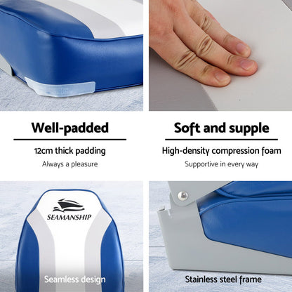 Seamanship 2X Folding Boat Seats – Marine Swivel High Back 12cm Padded Seats (Blue)