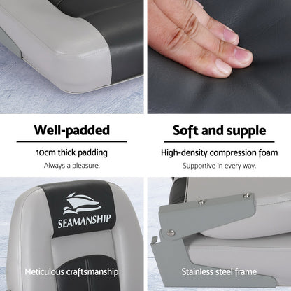 2X Seamanship Folding Boat Seats Marine Swivel Low Back 10cm Padding Charcoal