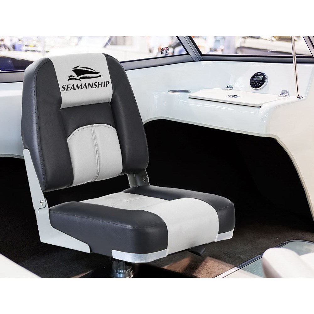 Seamanship 2X Folding Marine Boat Seats – Swivel Low Back with 10cm Padding (Grey)