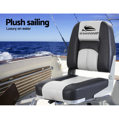 Seamanship 2X Folding Marine Boat Seats – Swivel Low Back with 10cm Padding (Grey)