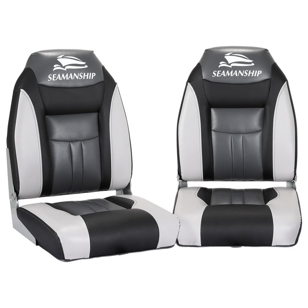 Seamanship 2X Folding Boat Seats – Marine Swivel High Back 12cm Padding (Black)