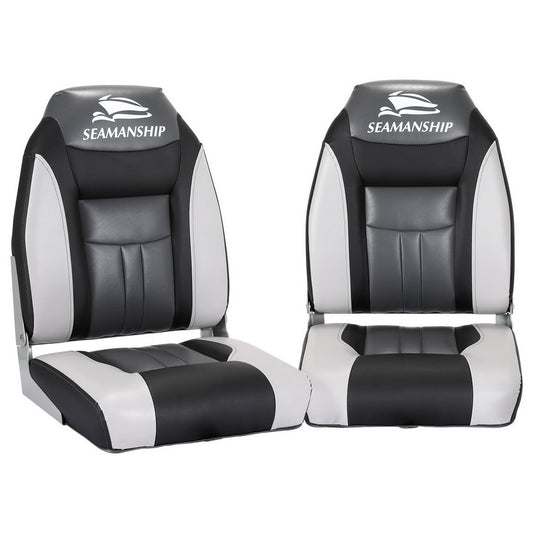 Seamanship 2X Folding Boat Seats – Marine Swivel High Back 12cm Padding (Black)