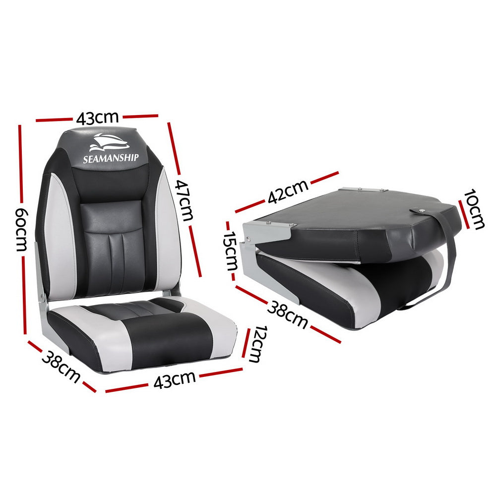 Seamanship 2X Folding Boat Seats – Marine Swivel High Back 12cm Padding (Black)
