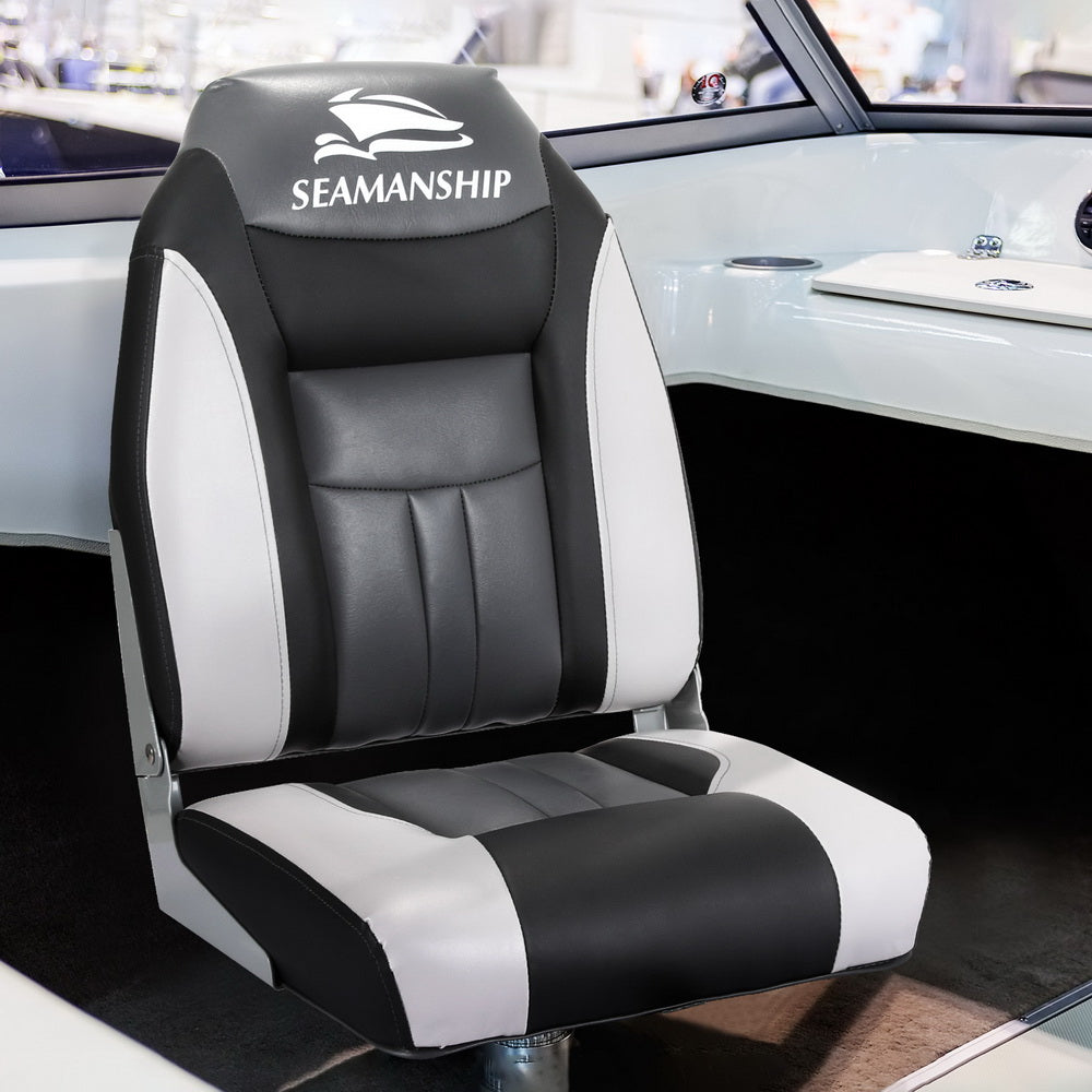 Seamanship 2X Folding Boat Seats – Marine Swivel High Back 12cm Padding (Black)