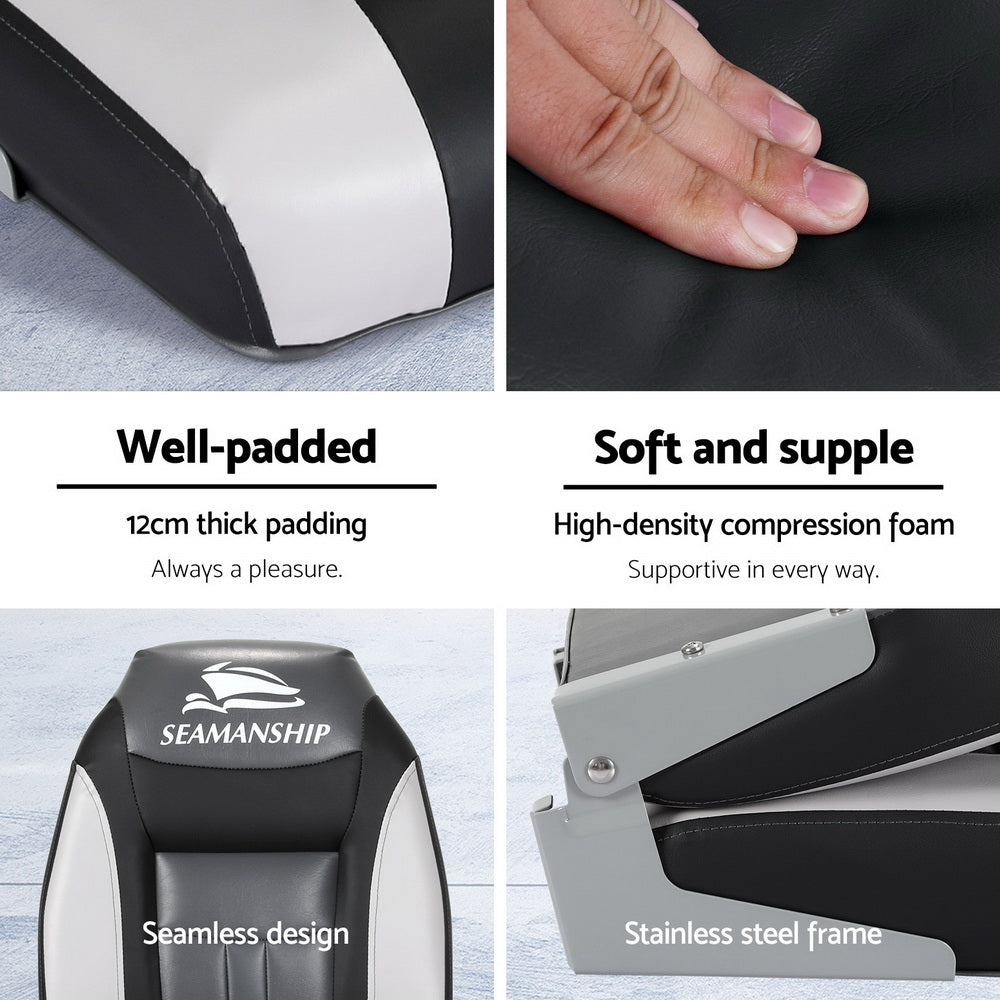 Seamanship 2X Folding Boat Seats – Marine Swivel High Back 12cm Padding (Black)