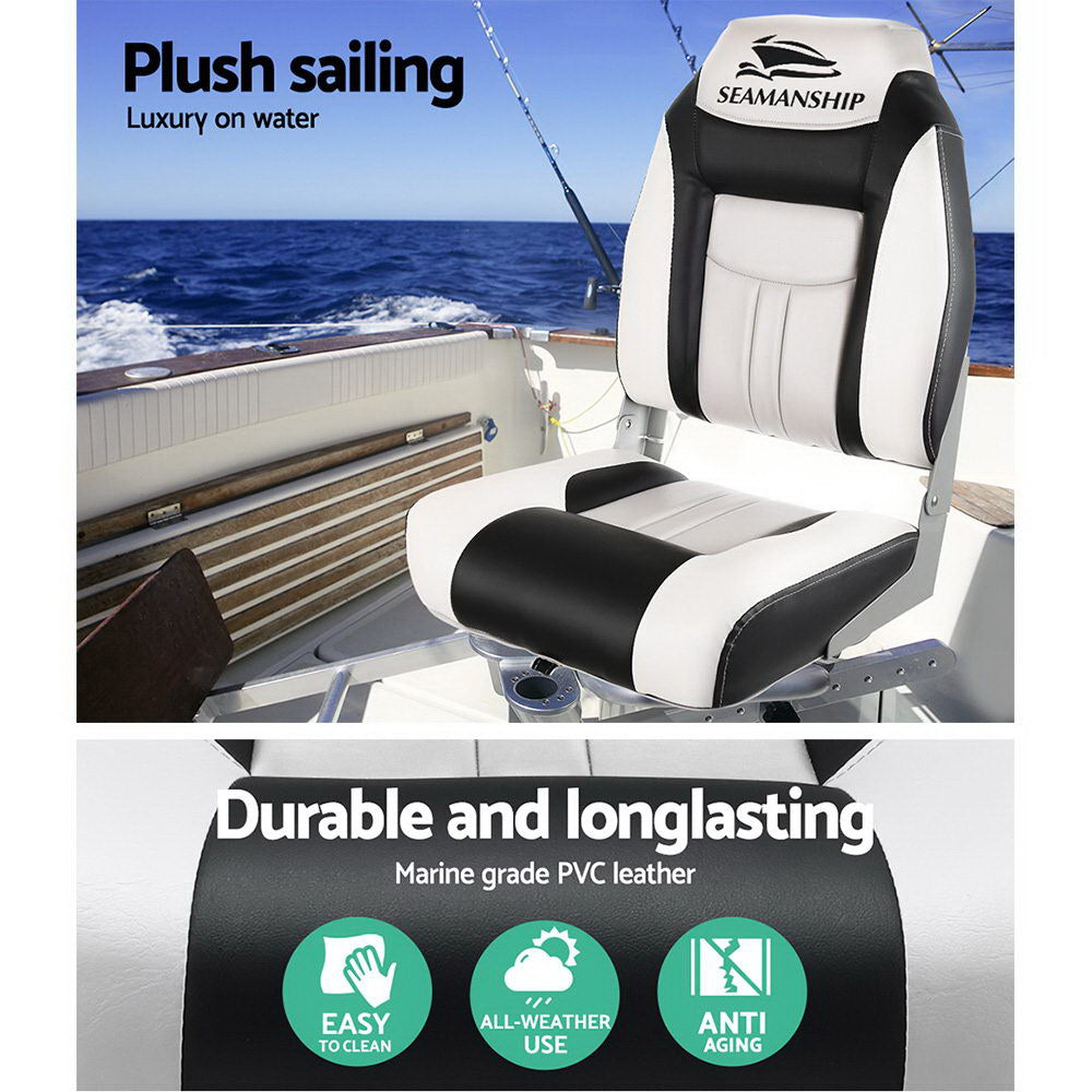 Seamanship 2X Folding Boat Seats – High Back Marine Swivel Chairs 12cm Padde