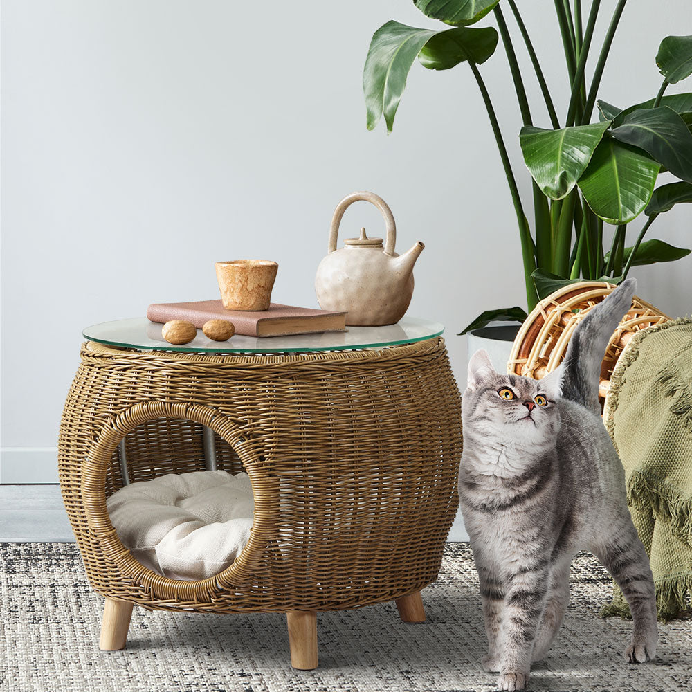 Gardeon Outdoor Coffee Side Table – Wicker & Aluminium with Pet Bed Storage