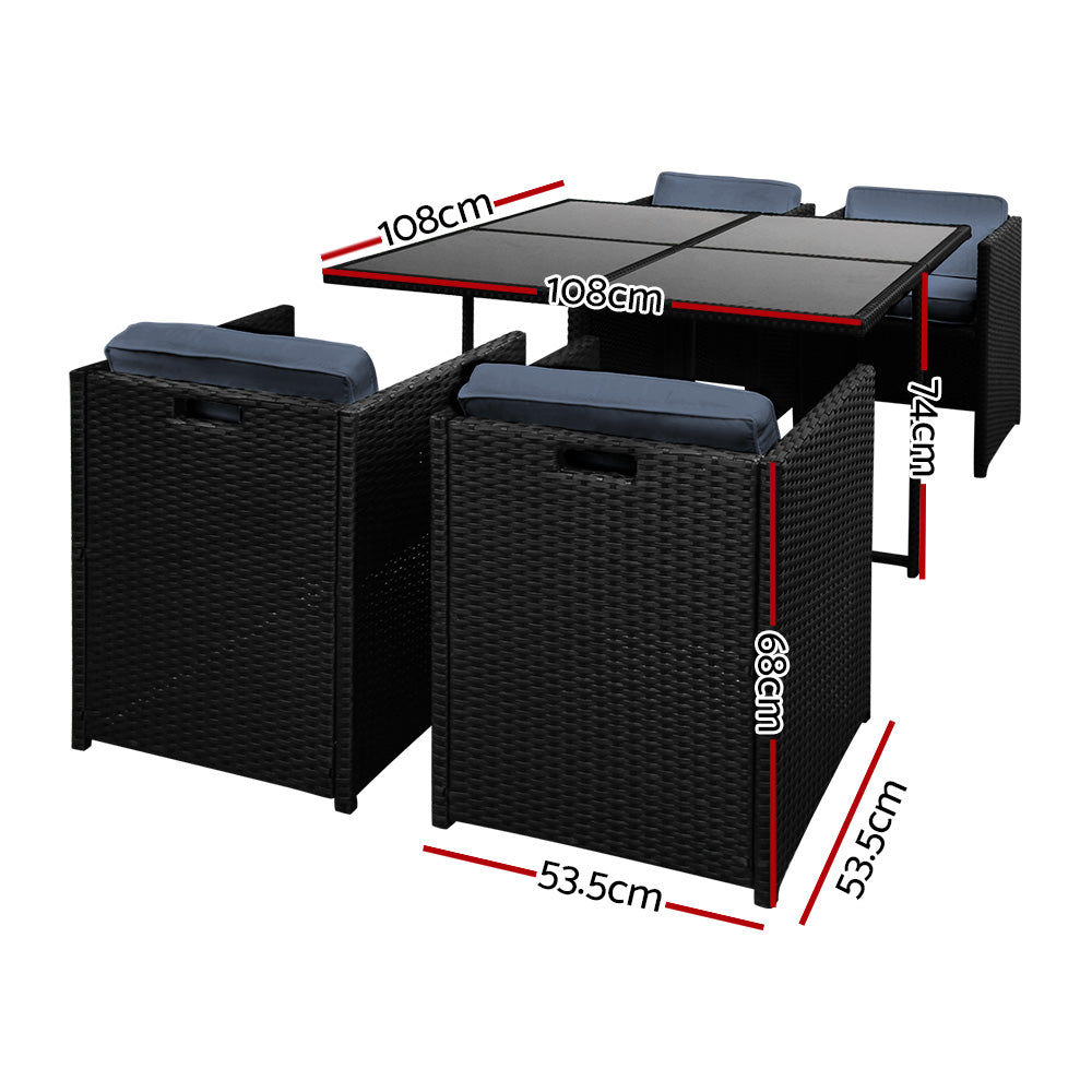 Gardeon 5-Piece Outdoor Dining Set – Black Wicker Table & Chairs Patio Setting