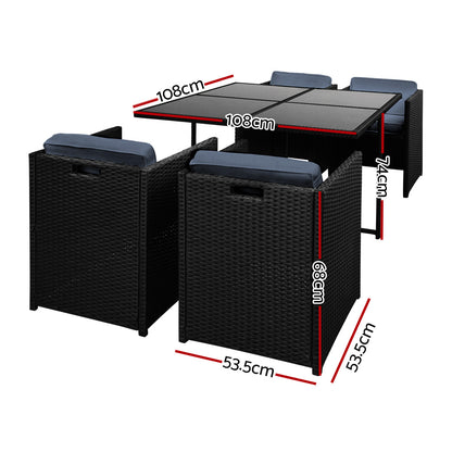 Gardeon 5-Piece Outdoor Dining Set – Black Wicker Table & Chairs Patio Setting